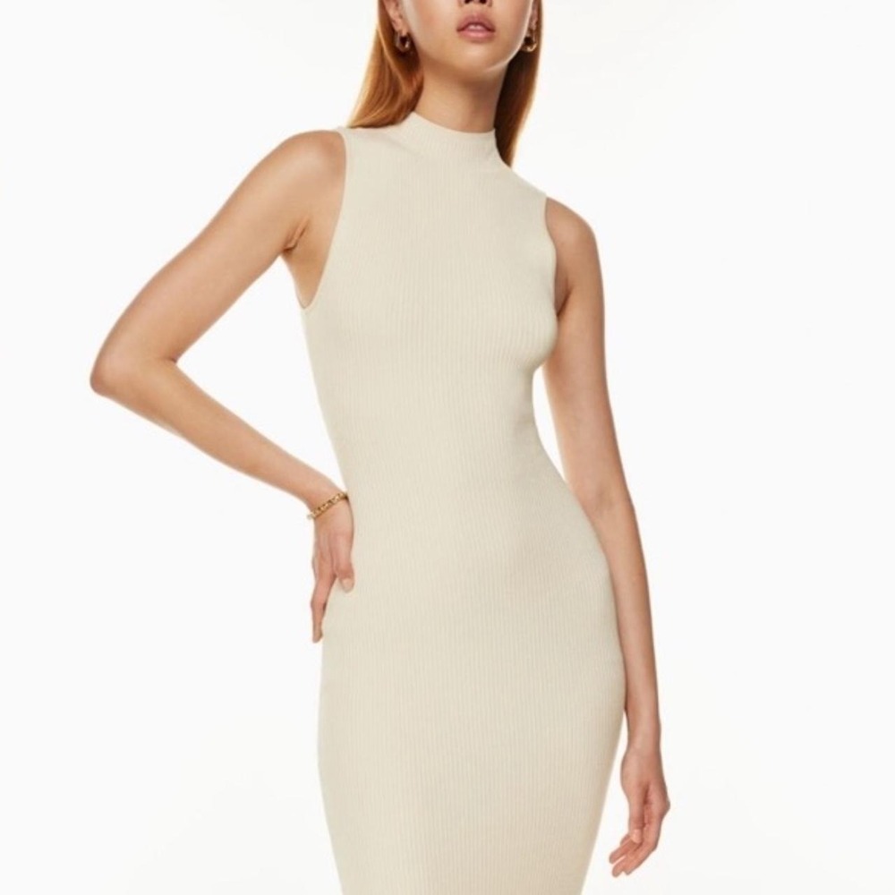 Aritzia Babaton‎ Cream Midi Dress Mock Neck Cut Out Open Back Large - Picture 2 of 10